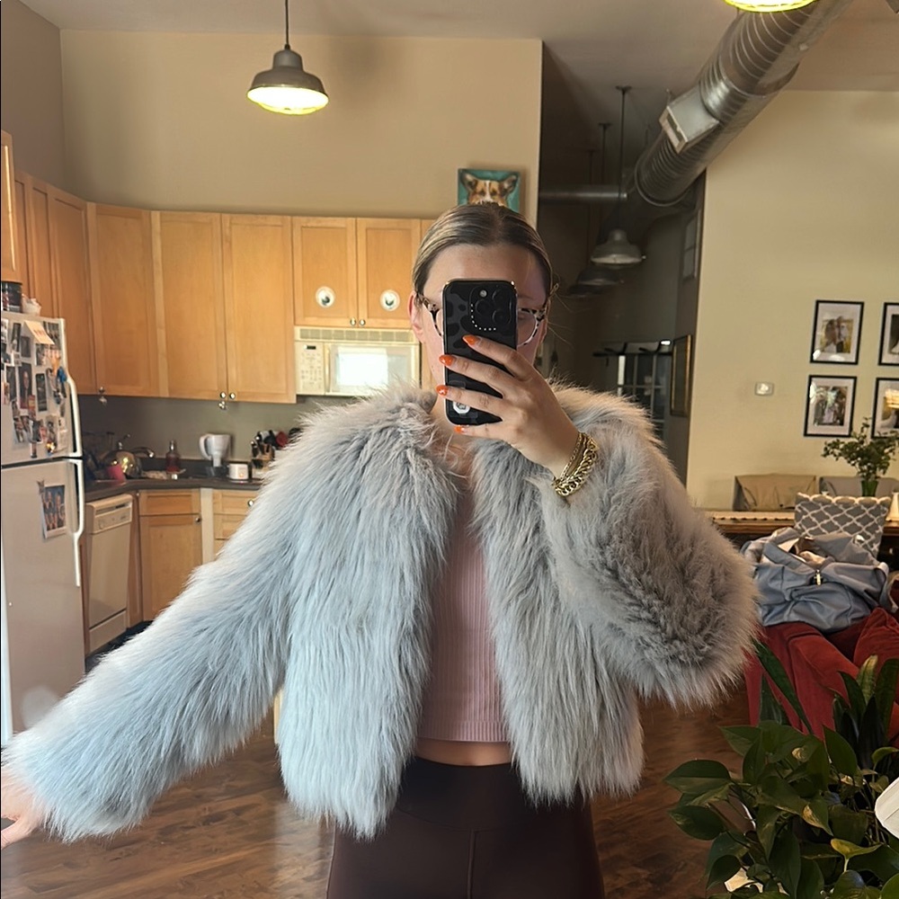 Zara Gray/Light Blue Cropped Plush Faux Fur